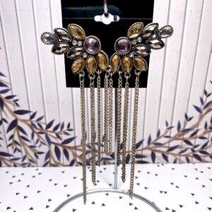 NEW Rhinestone Crusted Silver Toned Chain Tassel Earrings